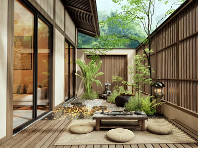 Serene Courtyard Garden With Wooden Deck Round Cushions Low Coffee Table And Mountain View 3d model