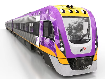 Modern Purple and Yellow Metro Train with Geometric Patterns and PT Logo 3d model