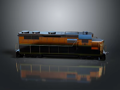3D Rendered Orange And Black Train Locomotive With Reflective Surface On Gray Background 3d model