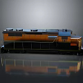 3D Rendered Orange And Black Train Locomotive With Reflective Surface On Gray Background