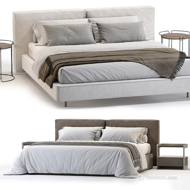 Elegant Modern Double Bed With Neutral Bedding Headboard And Nightstand Design 3d model 