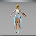 Anime Style Blonde Female Character with Cat Ears in Blue White Outfit and Flowing Sleeves