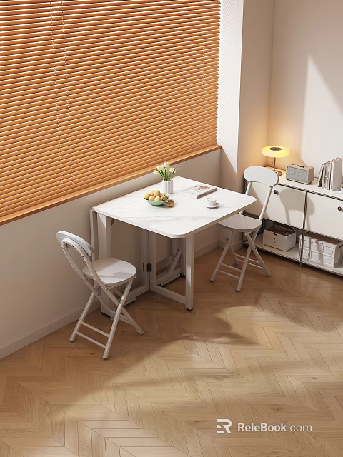 Modern Foldable Table And Chairs By Window With Wooden Blinds Fruit Green Plant 3d model 