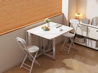 Modern Foldable Table And Chairs By Window With Wooden Blinds Fruit Green Plant 3d model