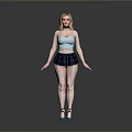 Blonde Woman Wearing Light Blue Tank Top Dark Blue Plaid Skirt And High Heels
