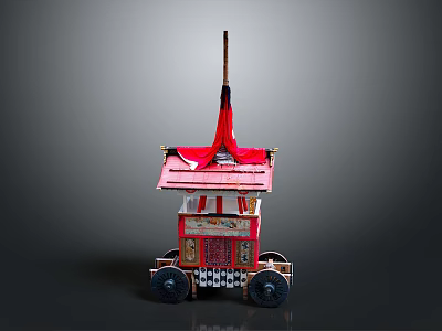 Ancient Traditional Carriage With Red Roof Decorative Elements And Black Wheels 3d model