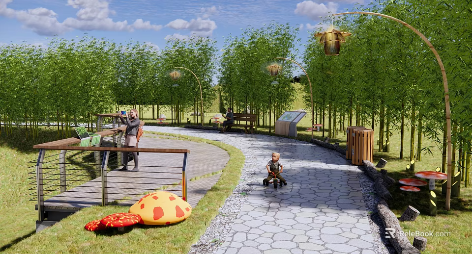 Scenic Park Landscape With Green Trees Curved Stone Paths Benches Mushroom Decorations and Lantern Lights 3d model 