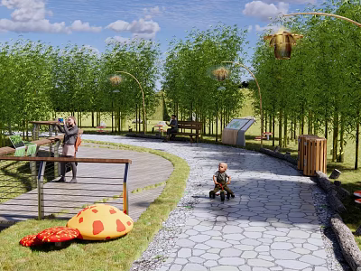 Scenic Park Landscape With Green Trees Curved Stone Paths Benches Mushroom Decorations and Lantern Lights 3d model