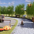Scenic Park Landscape With Green Trees Curved Stone Paths Benches Mushroom Decorations and Lantern Lights