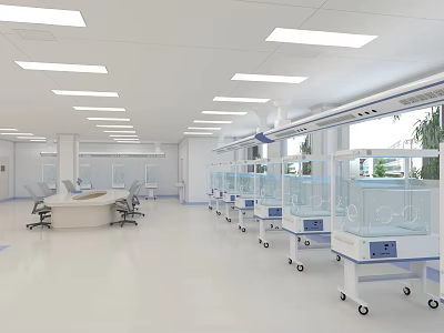 White Medical Room Interior With Baby Incubators Ceiling Lights And Round Table With Chairs 3d model