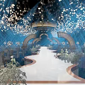 Luxurious Banquet Hall Interior Design With White Petal Ceiling Blue Lighting And Arched Accents