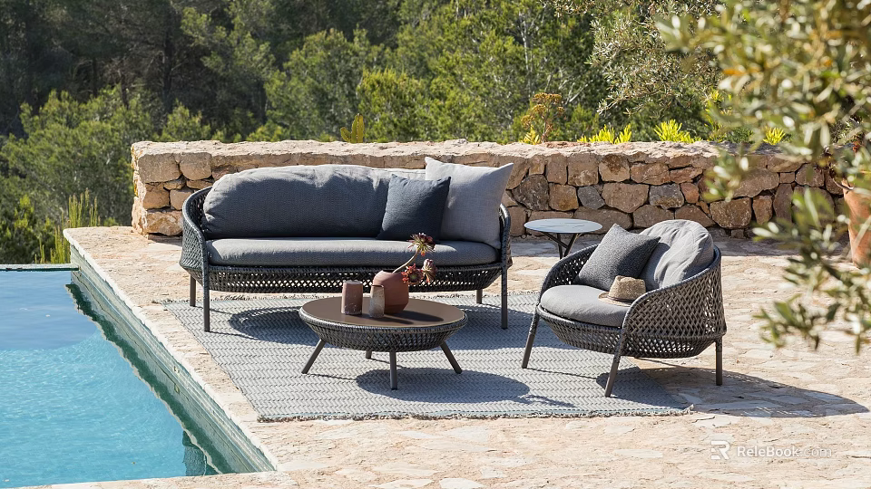 Gray Wicker Outdoor Sofa with Cushions in Poolside Garden and Armchair Coffee Table 3d model 