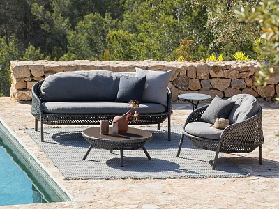 Gray Wicker Outdoor Sofa with Cushions in Poolside Garden and Armchair Coffee Table 3d model