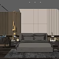 Modern Elegant Bedroom Interior With Grey Bed Nightstands Wooden Wall Pendant Light And Rug