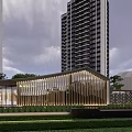 Modern Sales Office Building With Unique Roof Design Surrounded by Greenery and High-Rise Buildings