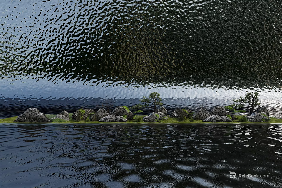 Tranquil Garden Miniature with Rocks Green Plants and Trees on Water Surface 3d model 