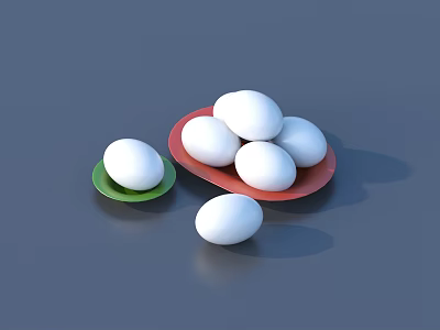 White Eggs in Red and Small Green Plates with Single Egg on Dark Blue Tabletop 3d model