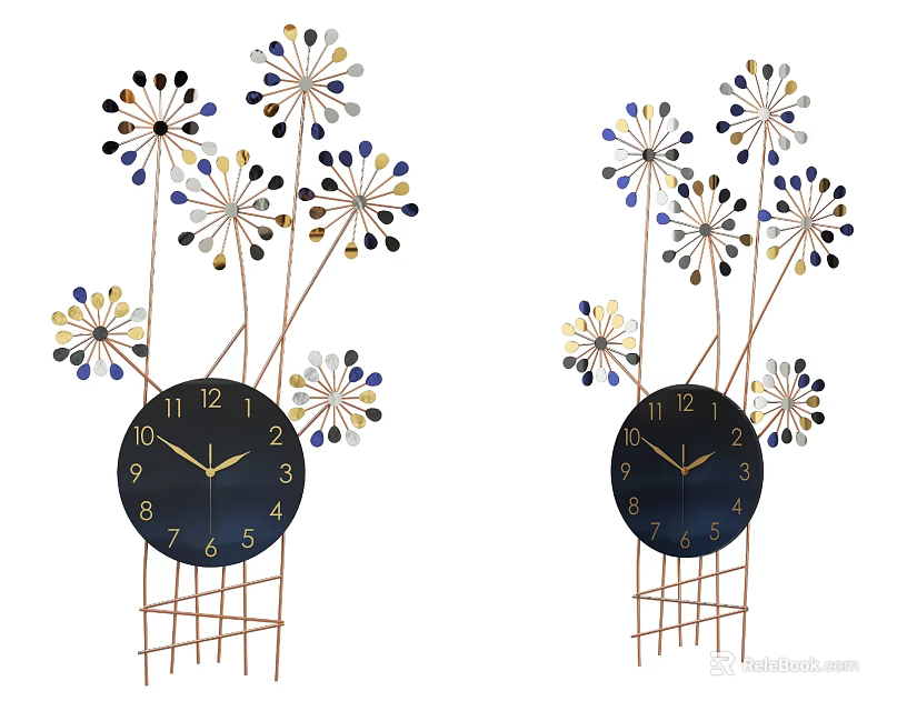 Decorative Black Clock With Floral Metal Frame Gold Blue White Artistic Design 3d model 