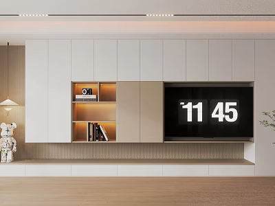 Modern TV Stand Interior Design With Built-in TV Storage Shelves And Soft Lighting 3d model