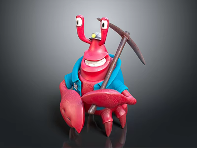 Red Crab Character Wearing Blue Coat Holding Pickaxe With Big Eyes Smiling 3d model
