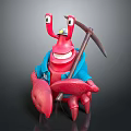 Red Crab Character Wearing Blue Coat Holding Pickaxe With Big Eyes Smiling
