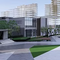 Modern Urban Plaza With Pedestrians Greenery And Architectural Canopy Design