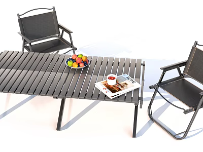Outdoor Metal Dining Table Set With Black Chairs Fruit Bowl Magazine And Drink 3d model