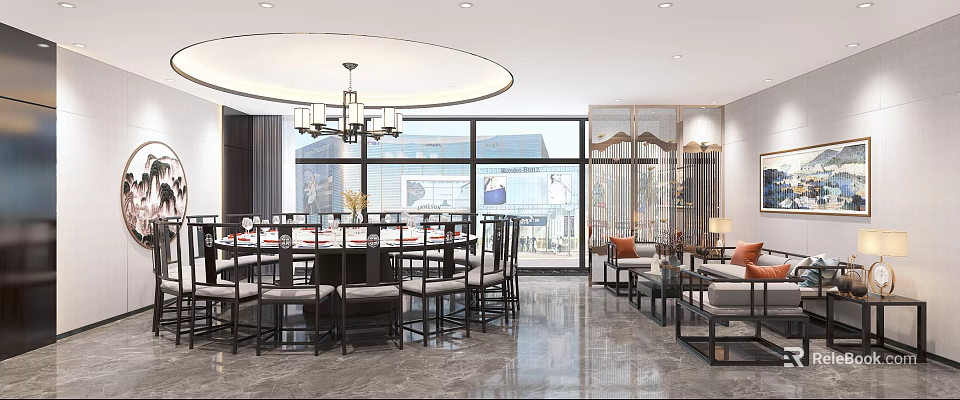 Elegant Modern Chinese Private Dining Room Interior With Round Table Chandelier And Large Windows 3d model