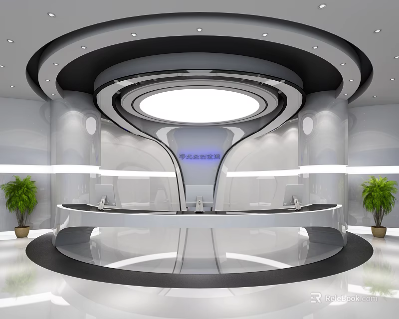Modern Circular Reception Desk With White Black Marble Surfaces Plants And Lighting 3d model 