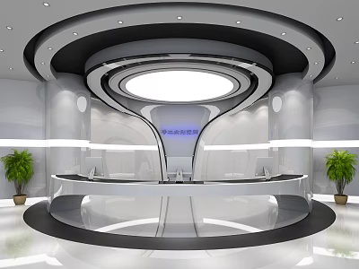 Modern Circular Reception Desk With White Black Marble Surfaces Plants And Lighting 3d model