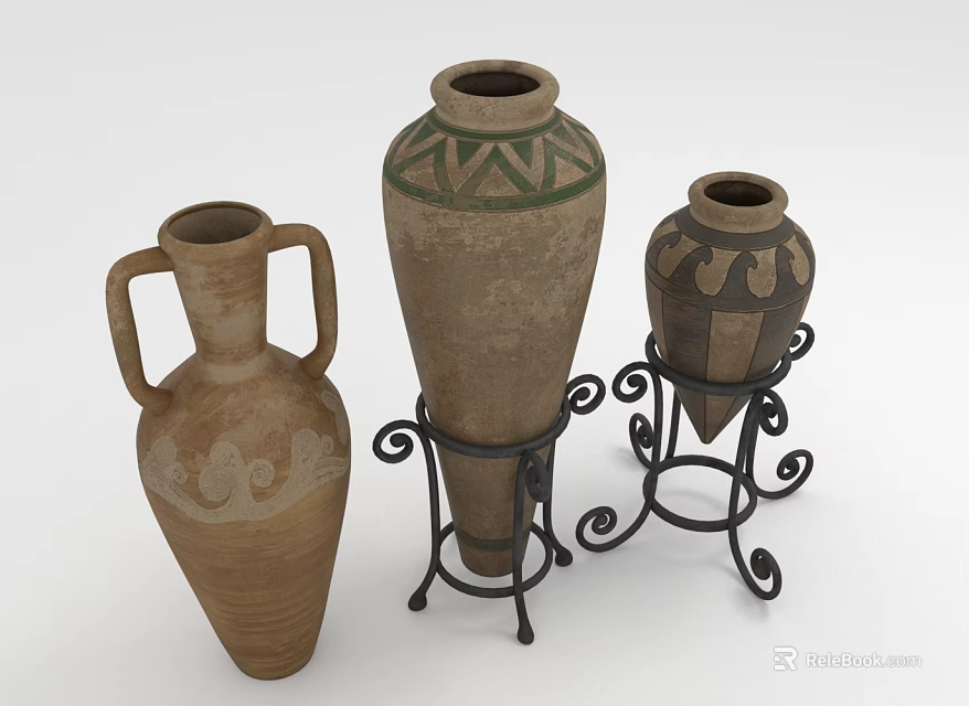 Decorative Indoor Plants in Artistic Ceramic Vases on Intricate Iron Stands 3d model 