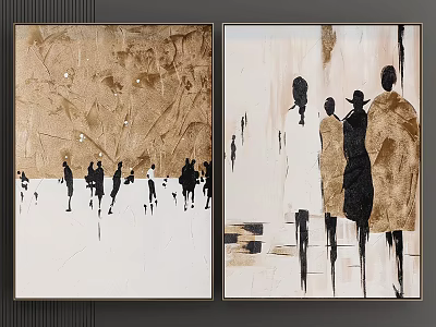 Abstract Art Paintings Featuring Silhouette Figures On Brown Beige Textured Background 3d model