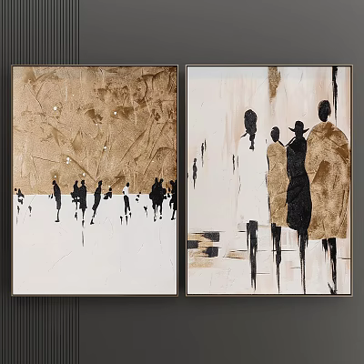 Abstract Art Paintings Featuring Silhouette Figures On Brown Beige Textured Background 3d model