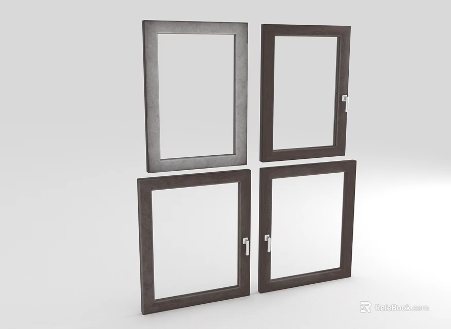 Four Dark Frame Casement Windows With Glass Panels And Lockable Handles 3d model