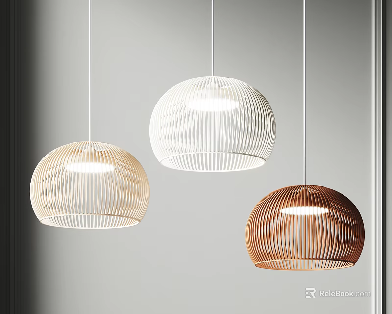 Modern Stripe Design Pendant Lights in Beige White and Brown Colors Hanging in Contemporary Interior 3d model 