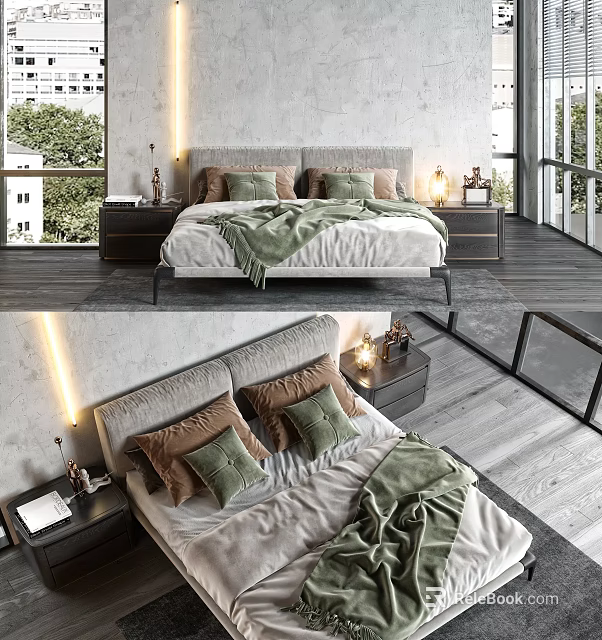 Modern Bedroom With Double Bed Upholstered Headboard Green Brown Pillows Throw Blanket Natural Light 3d model 