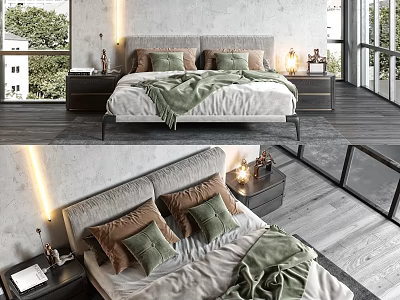 Modern Bedroom With Double Bed Upholstered Headboard Green Brown Pillows Throw Blanket Natural Light 3d model