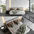 Modern Bedroom With Double Bed Upholstered Headboard Green Brown Pillows Throw Blanket Natural Light
