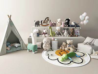 Stuffed Animal Toys Display With Teepee Tent Multi Tiered Shelves Pastel Balloons And Decorative Rug 3d model