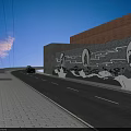 Urban Road Facilities With Brick Wall Circular Decorations Vehicle And Pavement