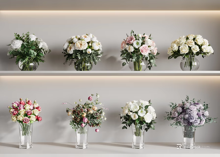 Multiple Glass Vases With Various Colored Flowers Arranged On Display Shelves 3d model 