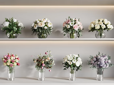 Multiple Glass Vases With Various Colored Flowers Arranged On Display Shelves 3d model