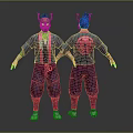 Stylized Fantasy Character And Creature Design With Horned Headpiece Blue Pink Outfit Back Circular Emblem