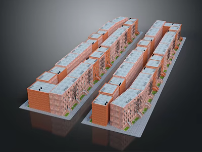 Red Brick Commercial Street With Two Rows Of Buildings And White Roofs 3d model