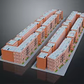 Red Brick Commercial Street With Two Rows Of Buildings And White Roofs