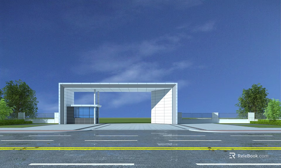 Modern Entrance Gate With White Architectural Structure Glass Door And Blue Sky 3d model 