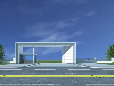 Modern Entrance Gate With White Architectural Structure Glass Door And Blue Sky 3d model