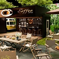 Commercial Coffee Shop Equipment Featuring Bar Counter Outdoor Tables And Green Plants