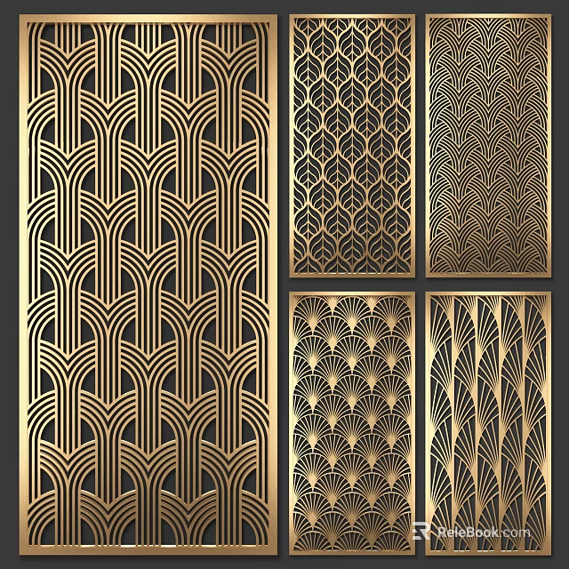 Geometric Metal Partition Panels With Intricate Laser Cut Patterns And Gold Finish 3d model 