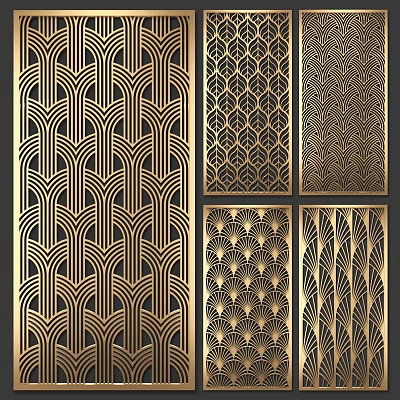 Geometric Metal Partition Panels With Intricate Laser Cut Patterns And Gold Finish 3d model